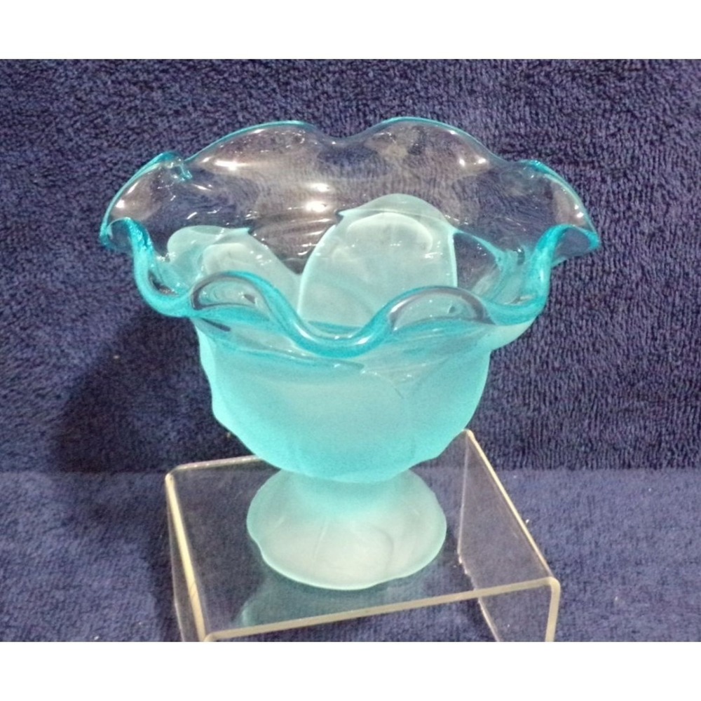 Viking Glass Cabbage Leaf Aqua Ruffeled Compote Double Layer Bowl Candy Dish Vtg